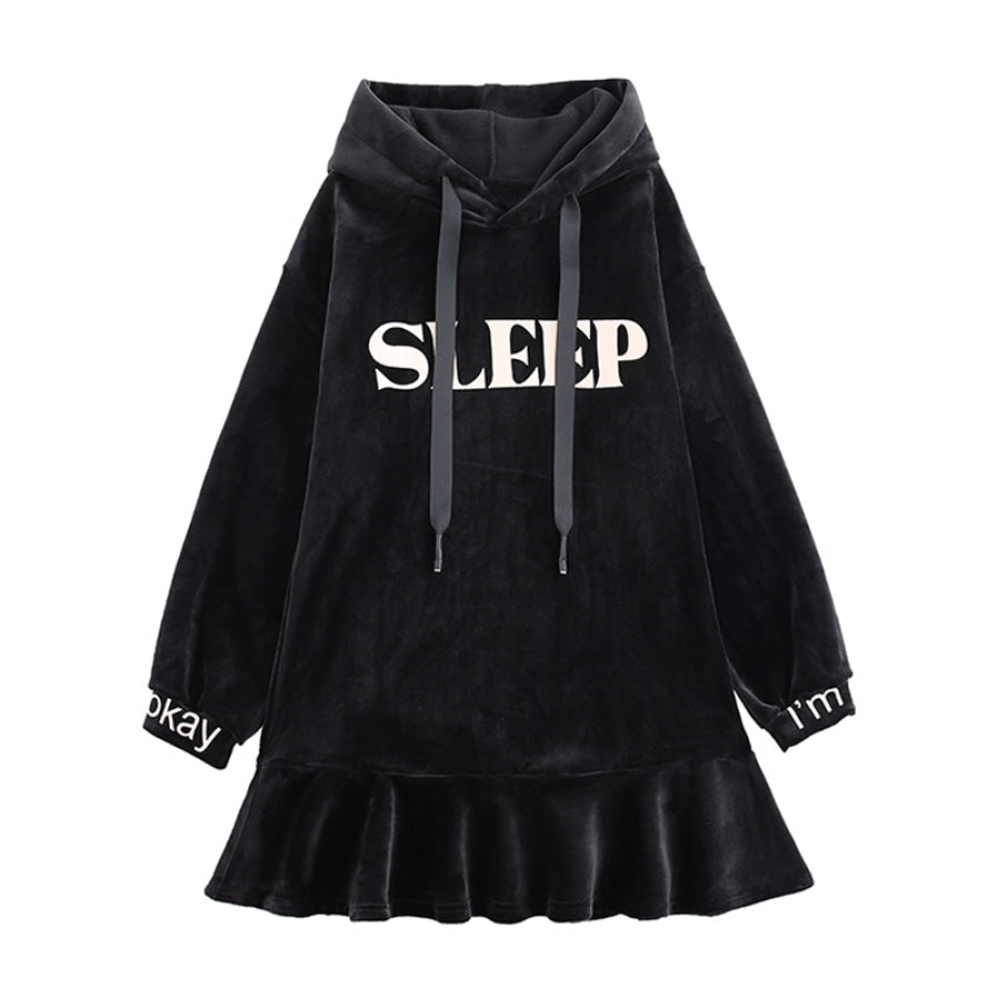 SLEEP Letter Print Velvet Ruffle Hooded Dress